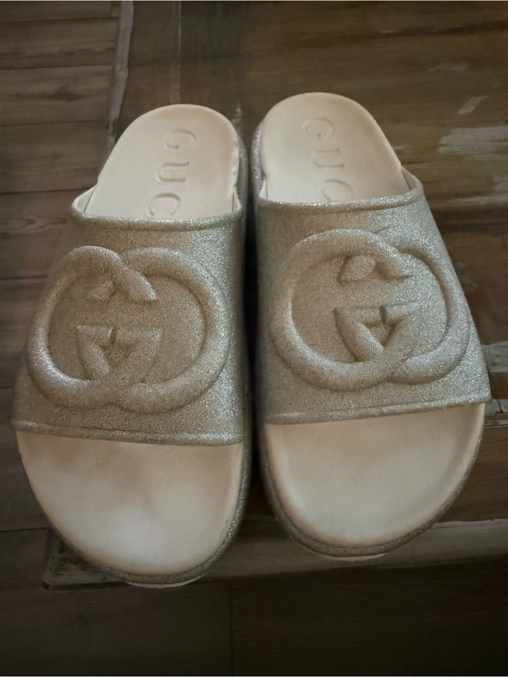 Gucci Metallic Gold Glitter Slide Sandals